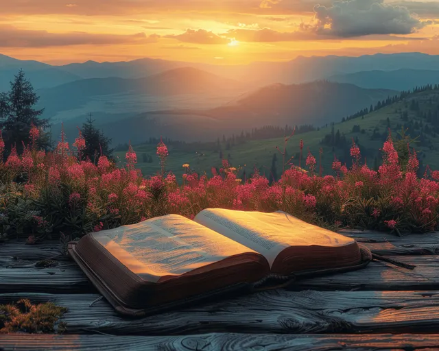 An open book on a wooden table with sunset mountains and meadow landscape behind it.