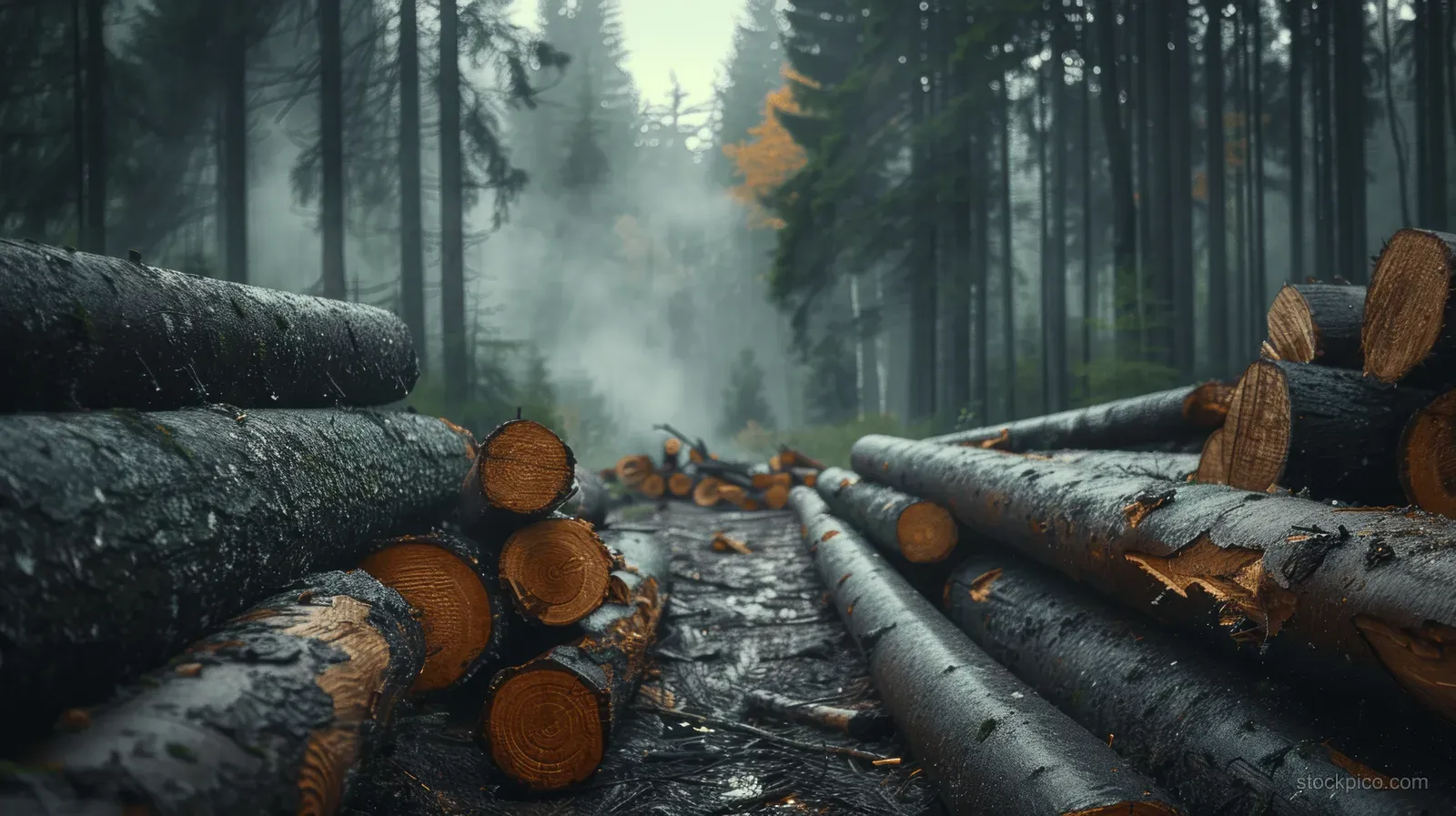 A stacked pile of cut logs rests in a misty forest path with diffuse sunlight.