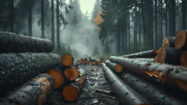 Stacked cut wooden logs in a misty forest with soft foggy sunlight