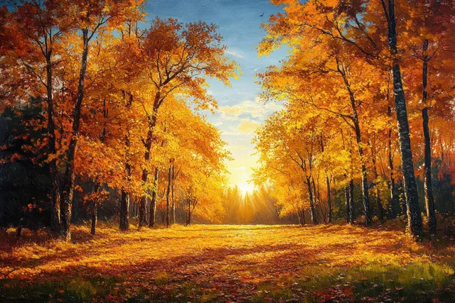 Sunlit autumn park path stretches between orange and yellow trees with leaves scattered on the grass.