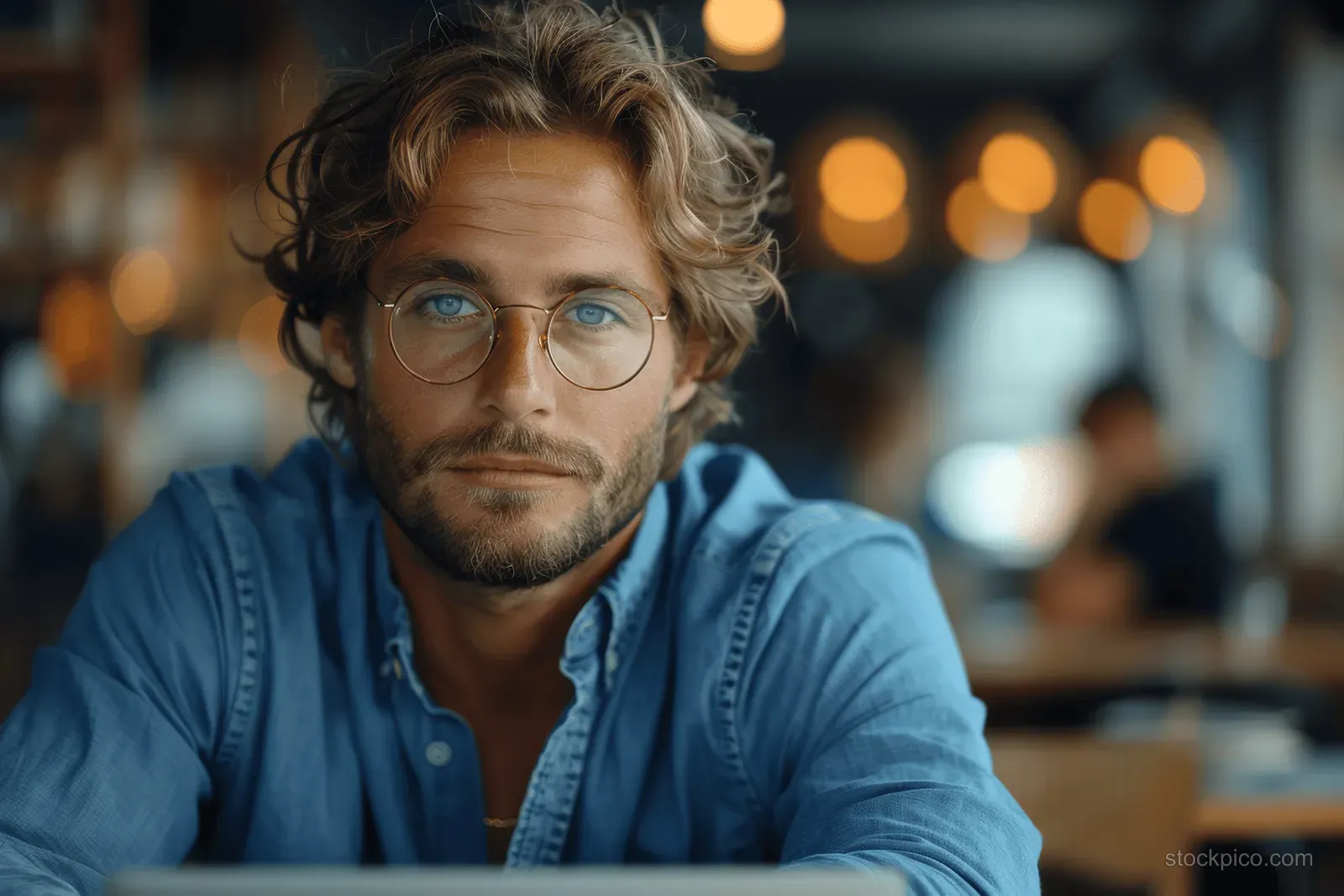 A focused man in glasses types code on a laptop at an office desk with blurred coworkers behind him.