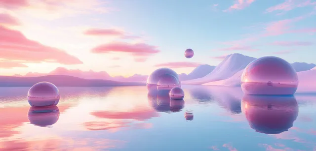 Surreal pastel landscape with floating glass spheres over calm reflective water at dusk