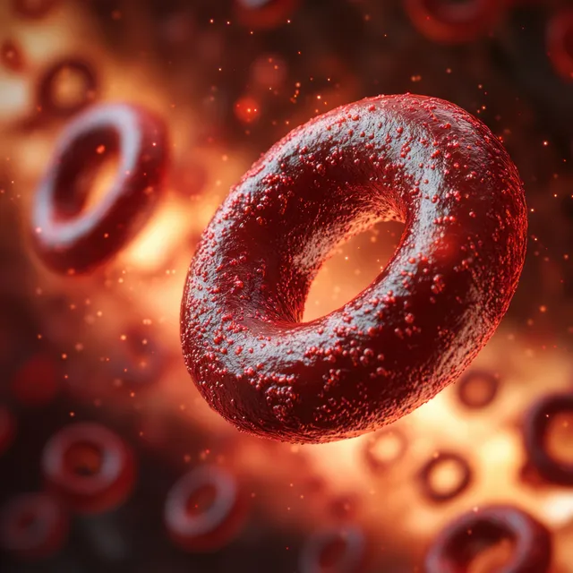 3D red blood cells and white blood cells flowing through a glowing blood vessel.