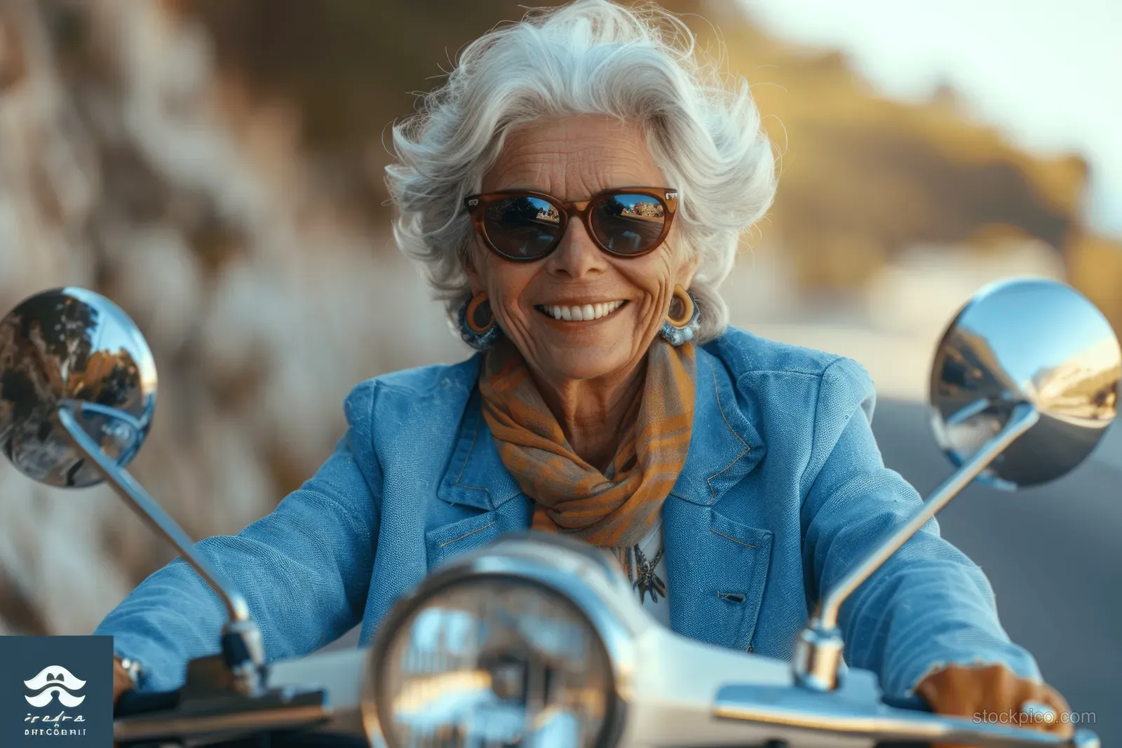Smiling older woman in sunglasses drives a blue scooter on a sunny Italian seaside road.