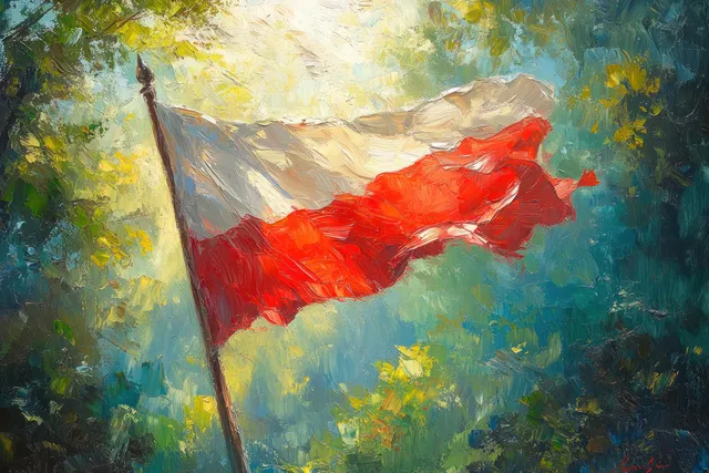 A vibrant red-and-white flag waves in the sunlit breeze against a backdrop of lush greenery.