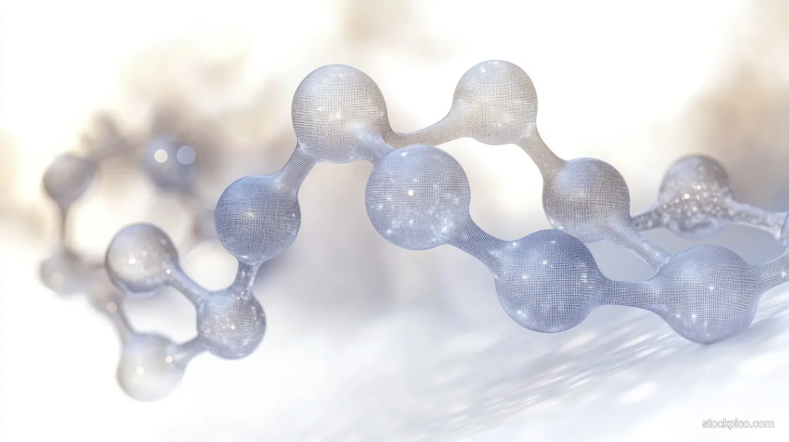 Glowing 3D atoms and bonded molecular shapes float within a misty abstract science background.