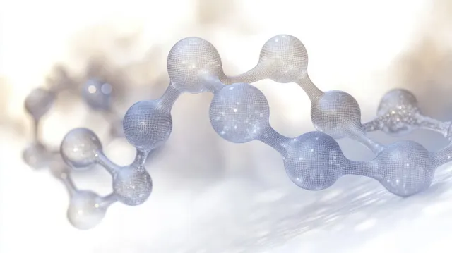 Glowing 3D atoms and bonded molecular shapes float within a misty abstract science background.