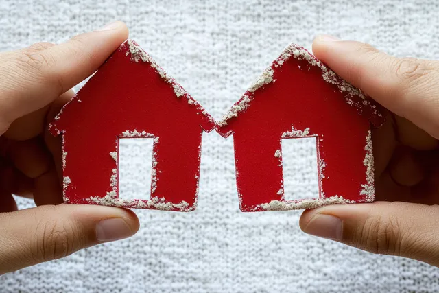 Two hands hold a split red paper house against a fabric background.