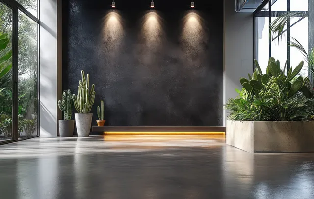 Minimalist indoor space with concrete floor, black textured wall, spotlights, and potted cacti by large windows.