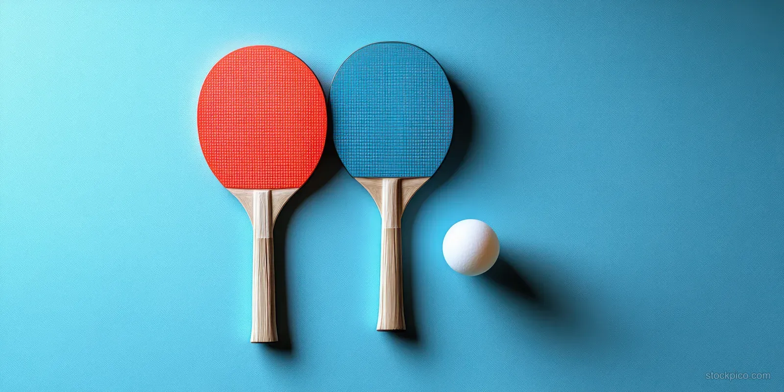Two table tennis paddles and a white ball laid flat on a vivid blue background with soft shadows.