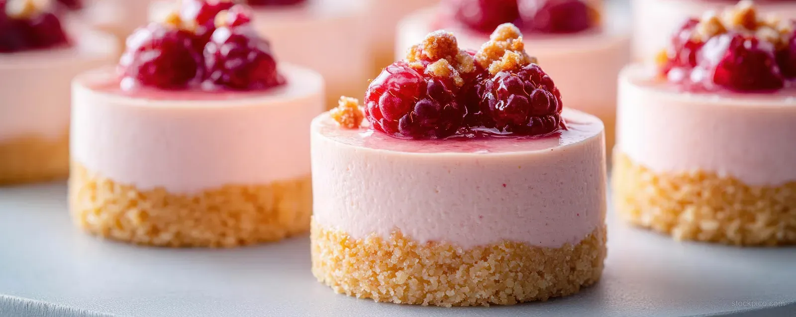 Mini pink cheesecakes with raspberry toppings sit on a light surface beside other similar cakes.