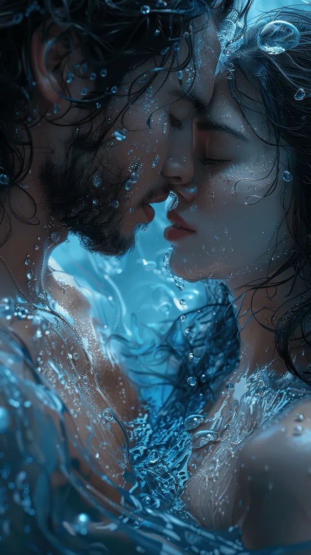 Underwater couple embracing and kissing in a blue fantasy ocean with glowing particles