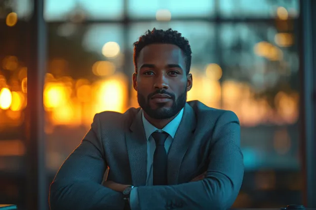 Smiling senior executive in a modern office, arms crossed by large city window at dusk