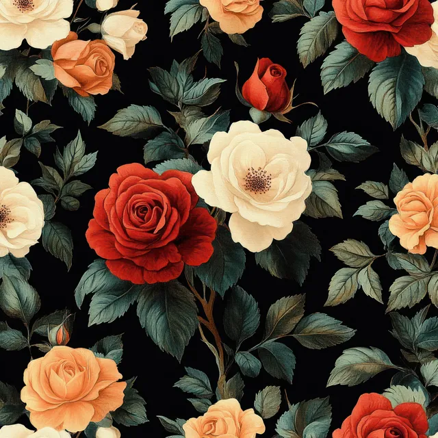 Seamless rose floral pattern with red, peach, and cream blooms on dark black background