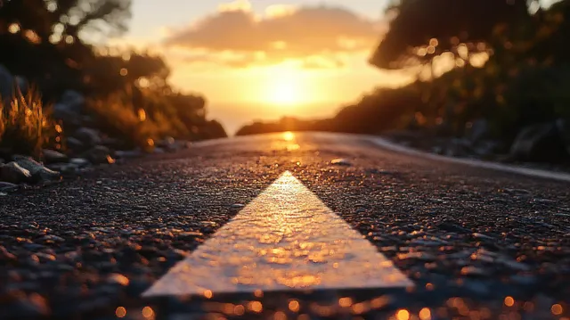 Road to Success at Sunset with Forward Arrow of Light and Determination