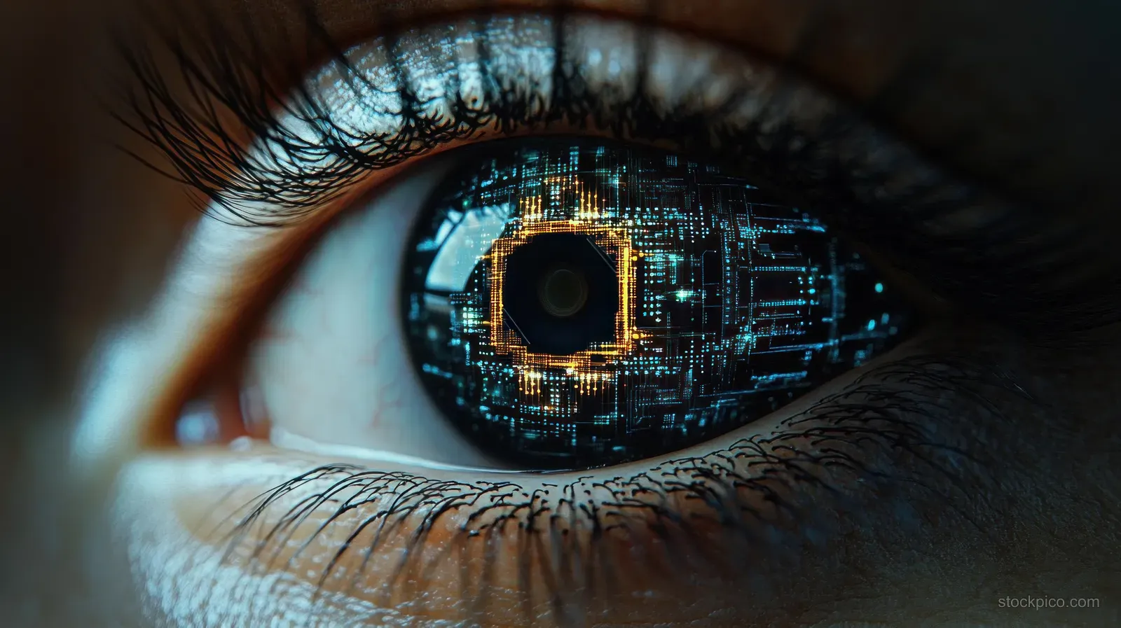 Macro view of a human eye reflecting a glowing blue and orange electronic circuit pattern.