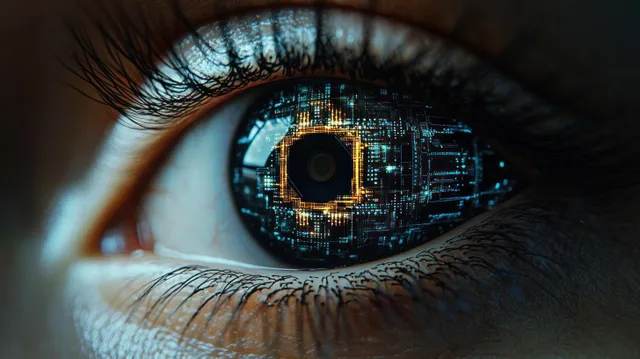 Close-up human eye reflecting glowing circuit board patterns of blue and orange data