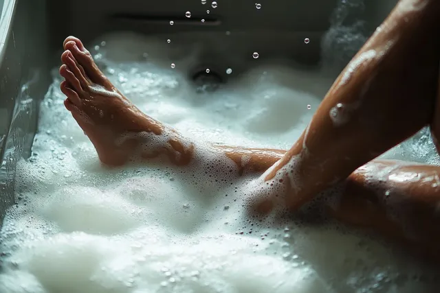 Bare feet and legs submerged in foamy bubble bath water with small droplets on skin.