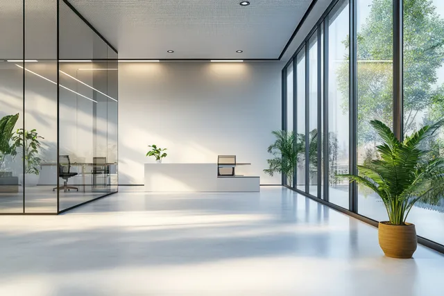Empty modern office interior with large windows, potted plants, and minimal desks along clean white walls.