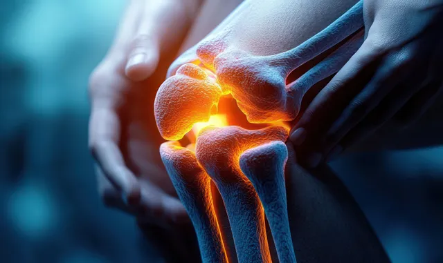 Hands hold a human knee as an orange glowing area marks inflammation or pain on the joint.