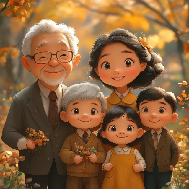Grandparents and parents pose with children in autumn park, warm sunlight and flowers