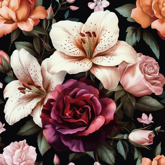Vintage botanical floral arrangement with roses and lilies on dark background