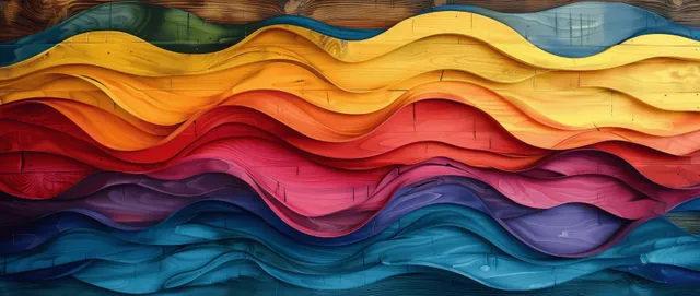 Rainbow colored wavy wooden wall panels form a textured 3D art-deco background with layered curves.