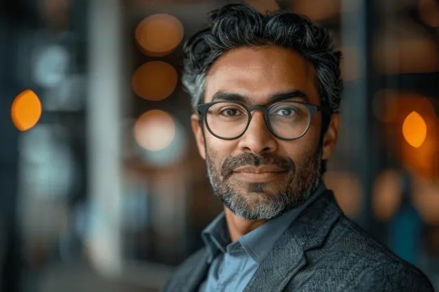 Thoughtful Indian businessman with glasses holding a tablet in a softly blurred corporate office