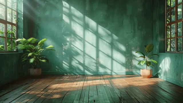 Sunlight streams into a minimalist room, casting window shadows on a wooden parquet floor and light green walls.