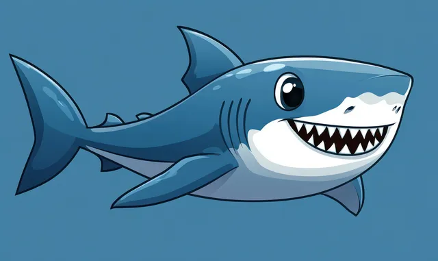 Cartoon shark swims in deep blue water with a big smile showing sharp teeth and expressive eyes.