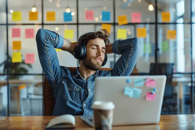 Relaxing man in headphones stretching behind his head beside laptop and coffee on glass wall