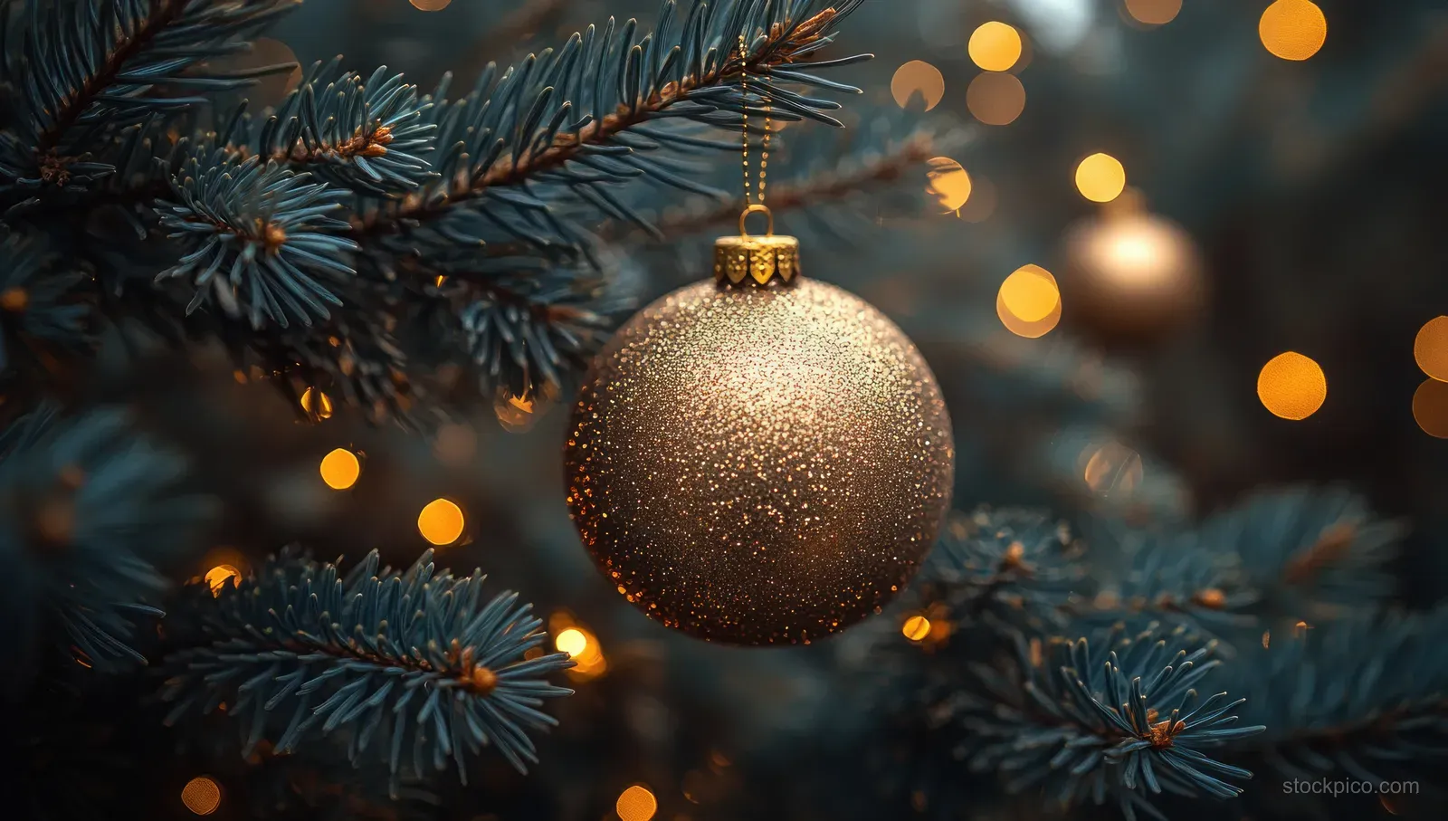 Golden Christmas ornament hangs on pine branches with warm bokeh holiday lights in the background.