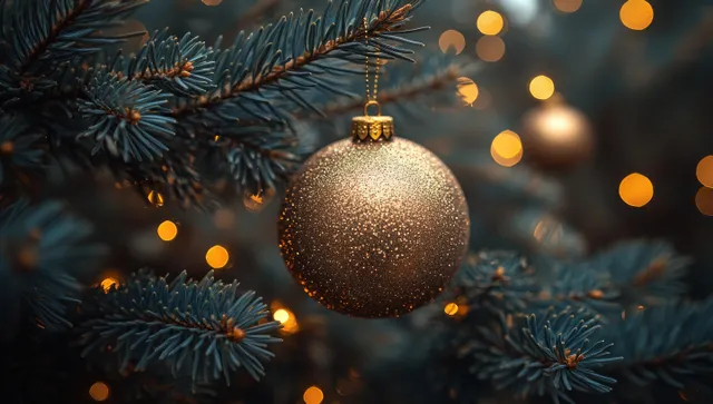 Golden Christmas ornament hangs on pine branches with warm bokeh holiday lights in the background.