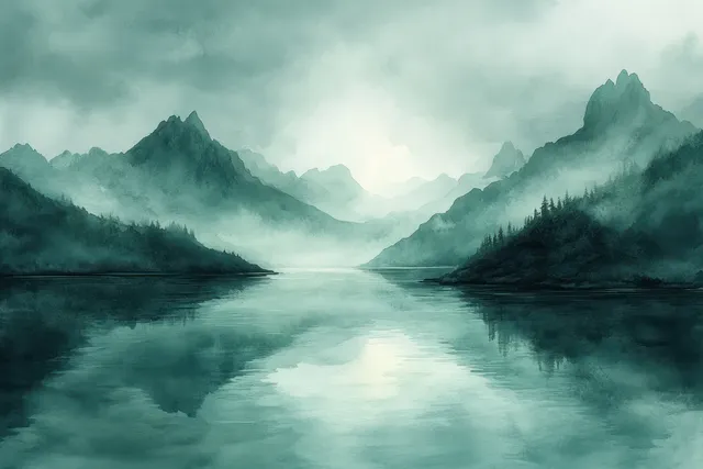 Mint Green Watercolor Landscape with Soft Mist and Tranquil Abstract Brushwork