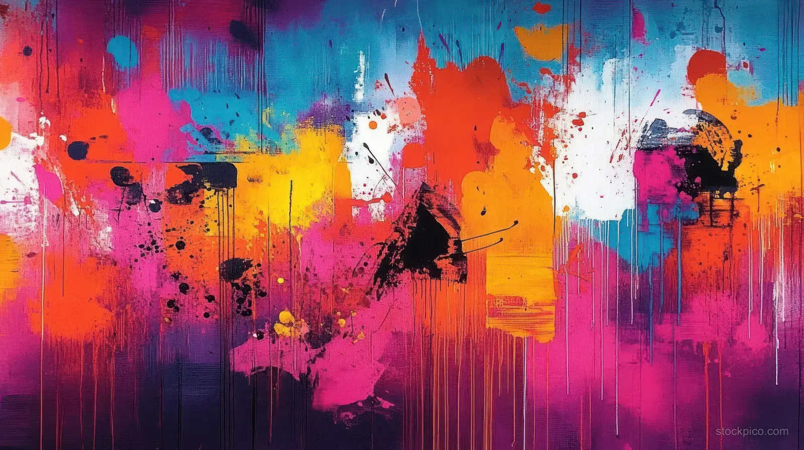 Colorful abstract graffiti spray-painted on a weathered concrete wall with drips and splatter shapes.