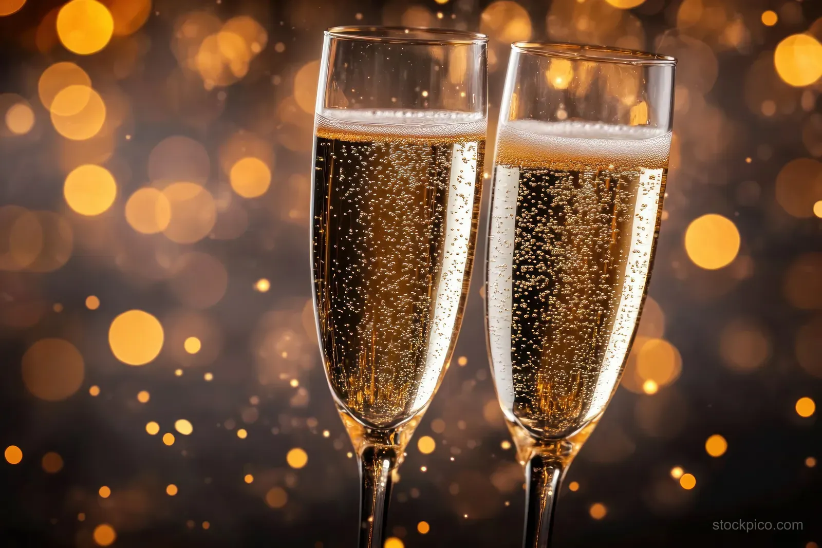Two champagne flutes filled with sparkling wine with bubbles rising against warm golden bokeh lights.