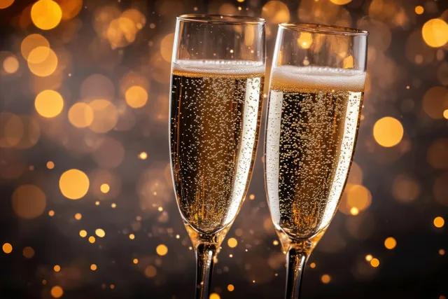 Two champagne flutes filled with sparkling wine with bubbles rising against warm golden bokeh lights.