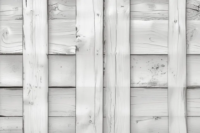 Wide view of a white wooden plank wall background with visible grain lines and slight weathering.