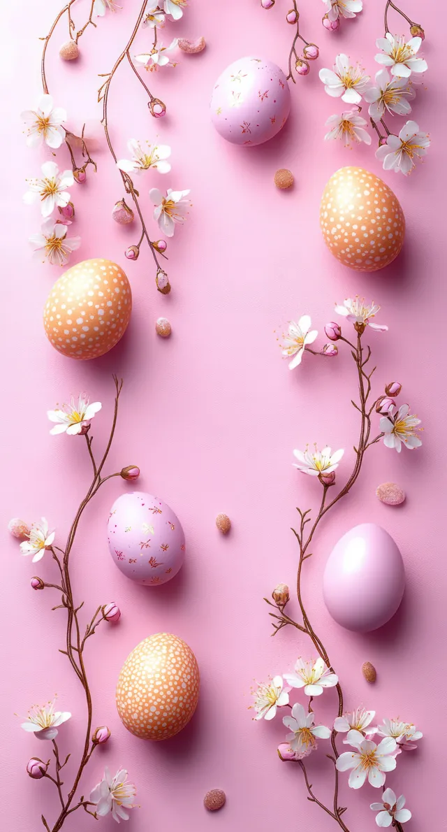 Pastel Easter eggs on a soft pink background surrounded by white cherry blossoms and small buds.