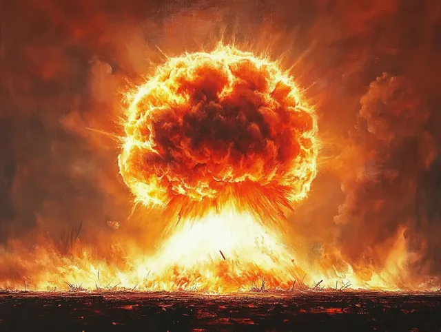 Fiery explosion rises into a glowing mushroom cloud over a dark burning landscape