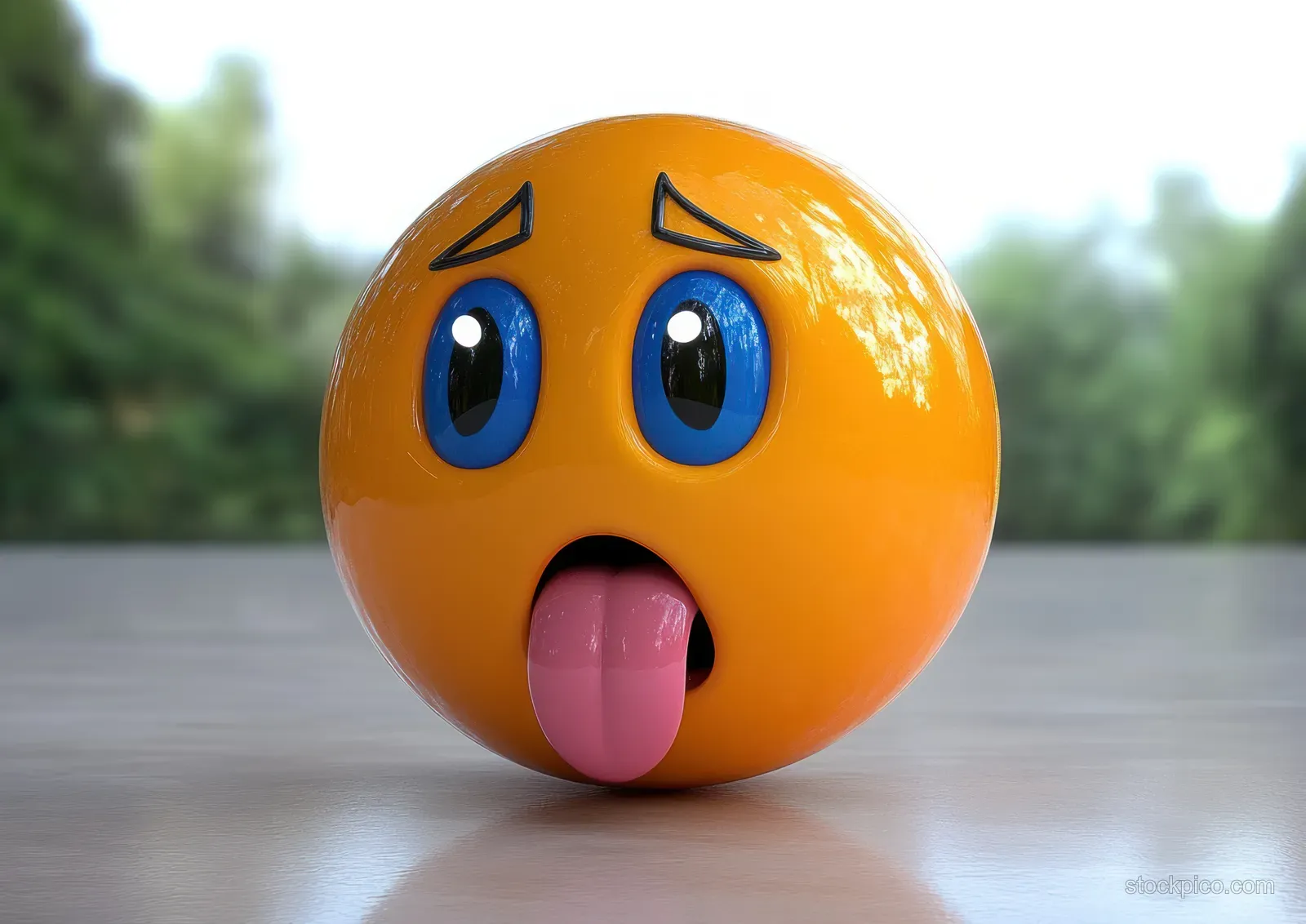Shiny orange emoji sphere with blue sad eyes and tongue out sits on a reflective surface with blurred green background.