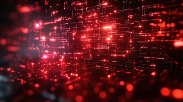 Glowing red digital network lines and dots spreading across a futuristic circuit grid
