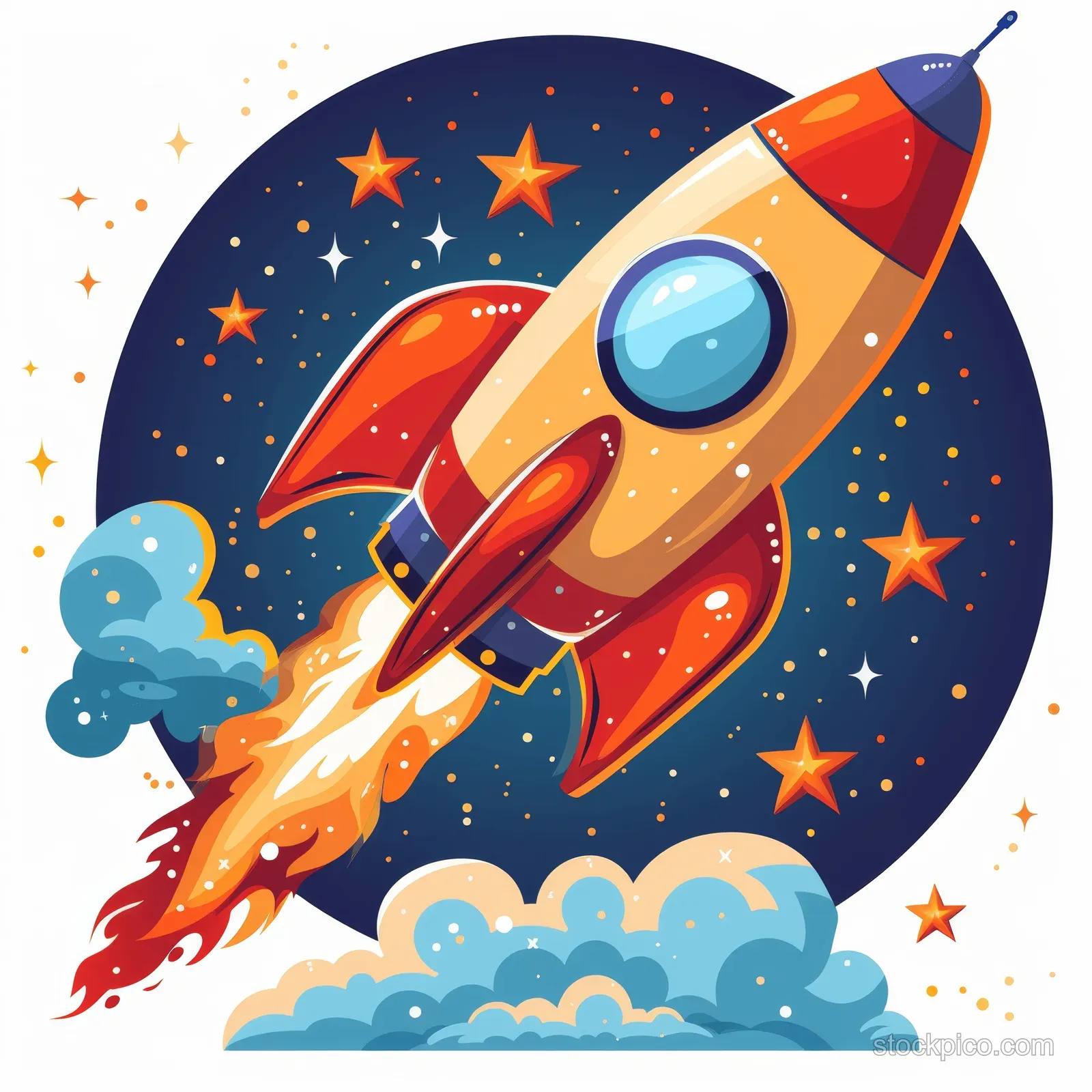 Cartoon rocket blasting upward through a starry space scene with a blue window and red fire trail.