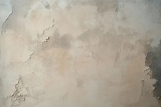 Close-up of a beige wall with peeling paint, cracked plaster, and rough damaged texture.