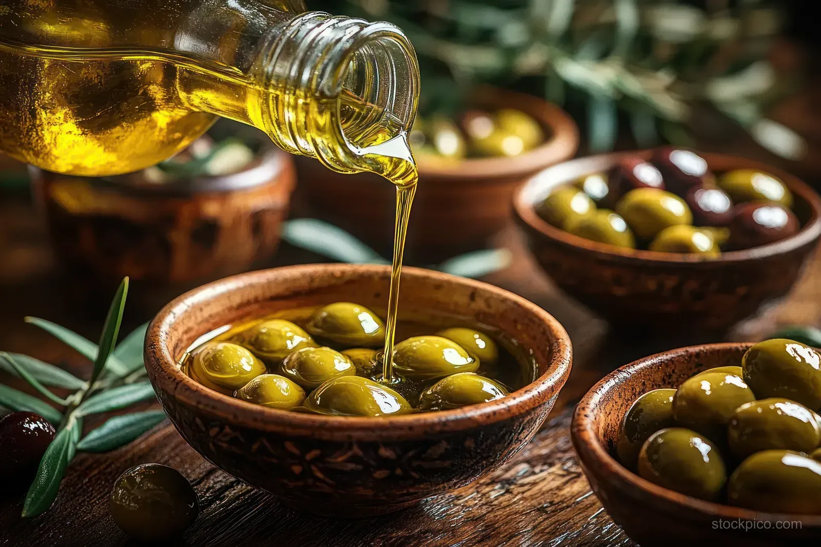 Golden olive oil pours into rustic bowls filled with green olives on a wooden table beside rosemary sprigs.