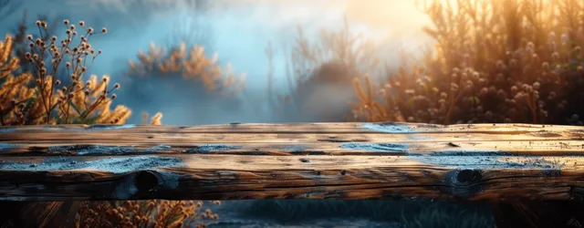 Weathered wooden tabletop in the foreground with soft blurred blue and amber bokeh lights behind it.