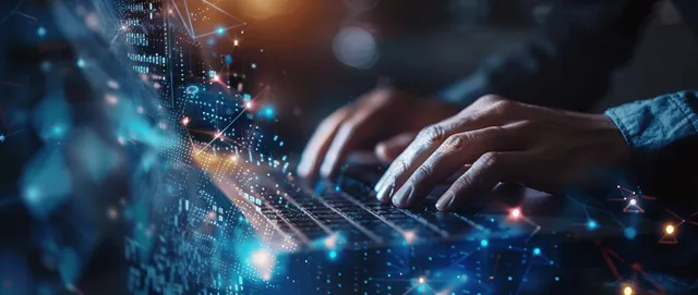Businessman typing on laptop with glowing network data connections overlay in office