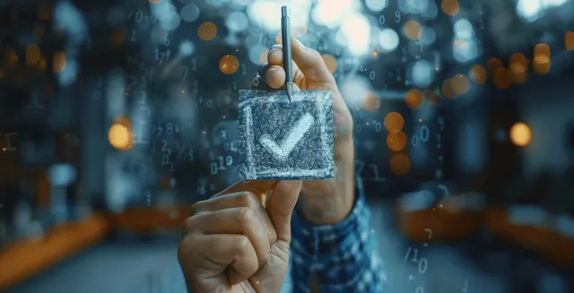 Businessman marks a correct checklist checkbox in quality control during project approval