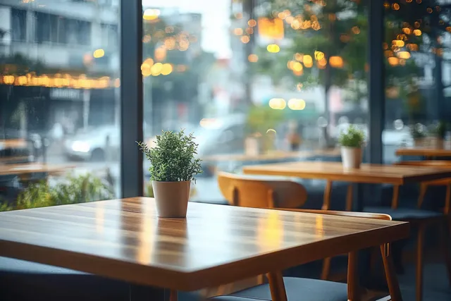 Blurred office interior with a wooden table, potted plant, and chairs beside panoramic windows with city lights at dusk.