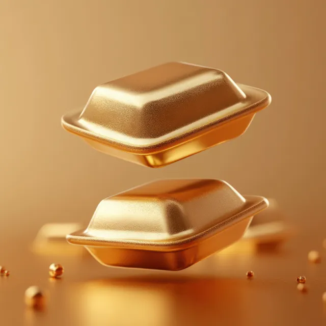 Two stacked gold ingots with a soft glow on a warm gradient background and small celebratory accents.